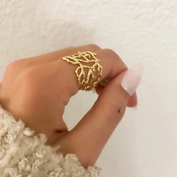 925 Sterling Silver Gold Textured Ring Vine Coral Tree Branch Ring Boho Ring - Picture 6 of 9